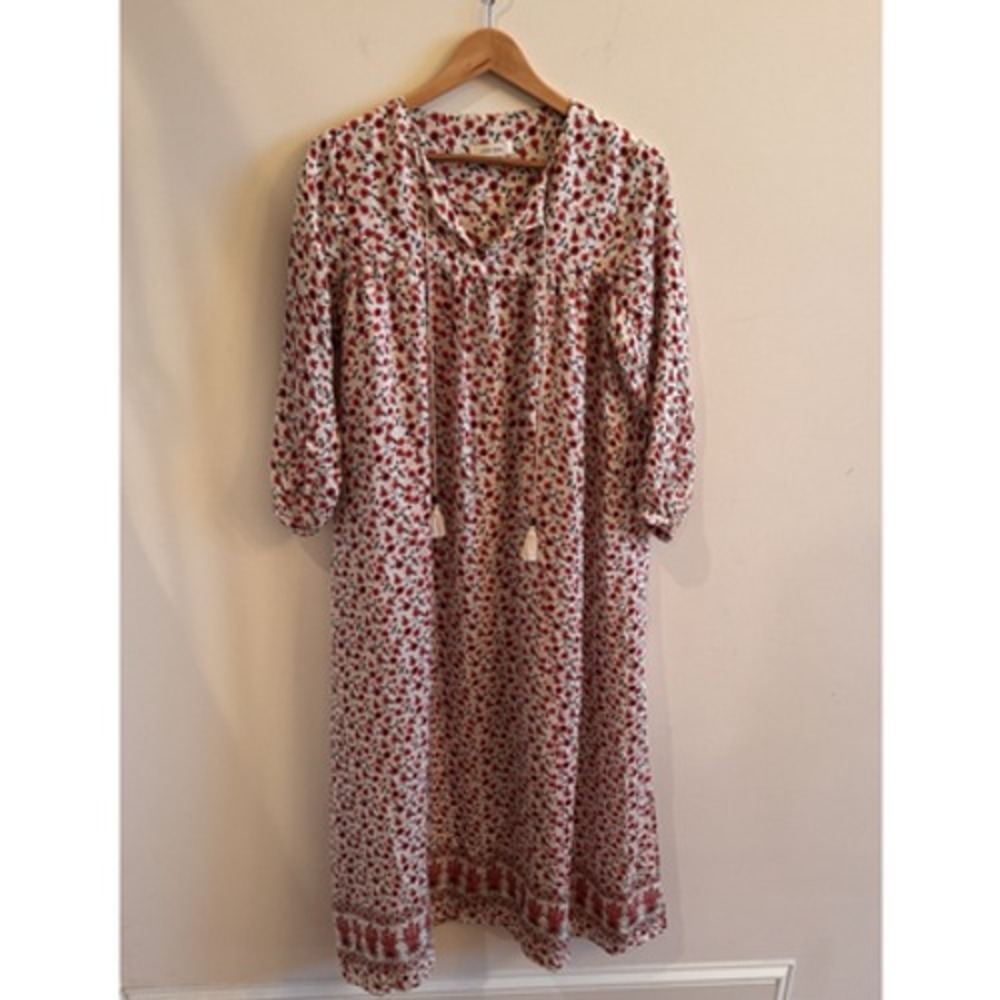 Anine Bing Red Floral 100% Silk Midi Dress Tassel Tie XS/S Boho Shift